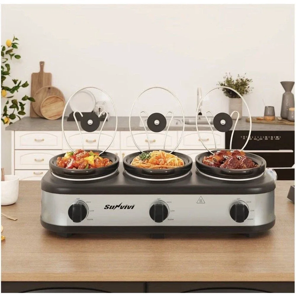 Triple Slow Cooker, Buffet Server and Food Warmer, Small Mini Pot with 3 Adjusta